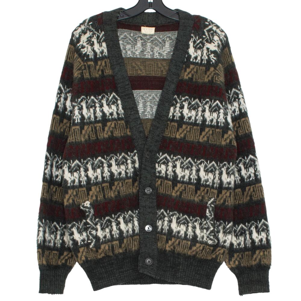 Vintage Handmade Wool Cardigan Sweater Southwestern Alpacas Grandpa Fair Isle L